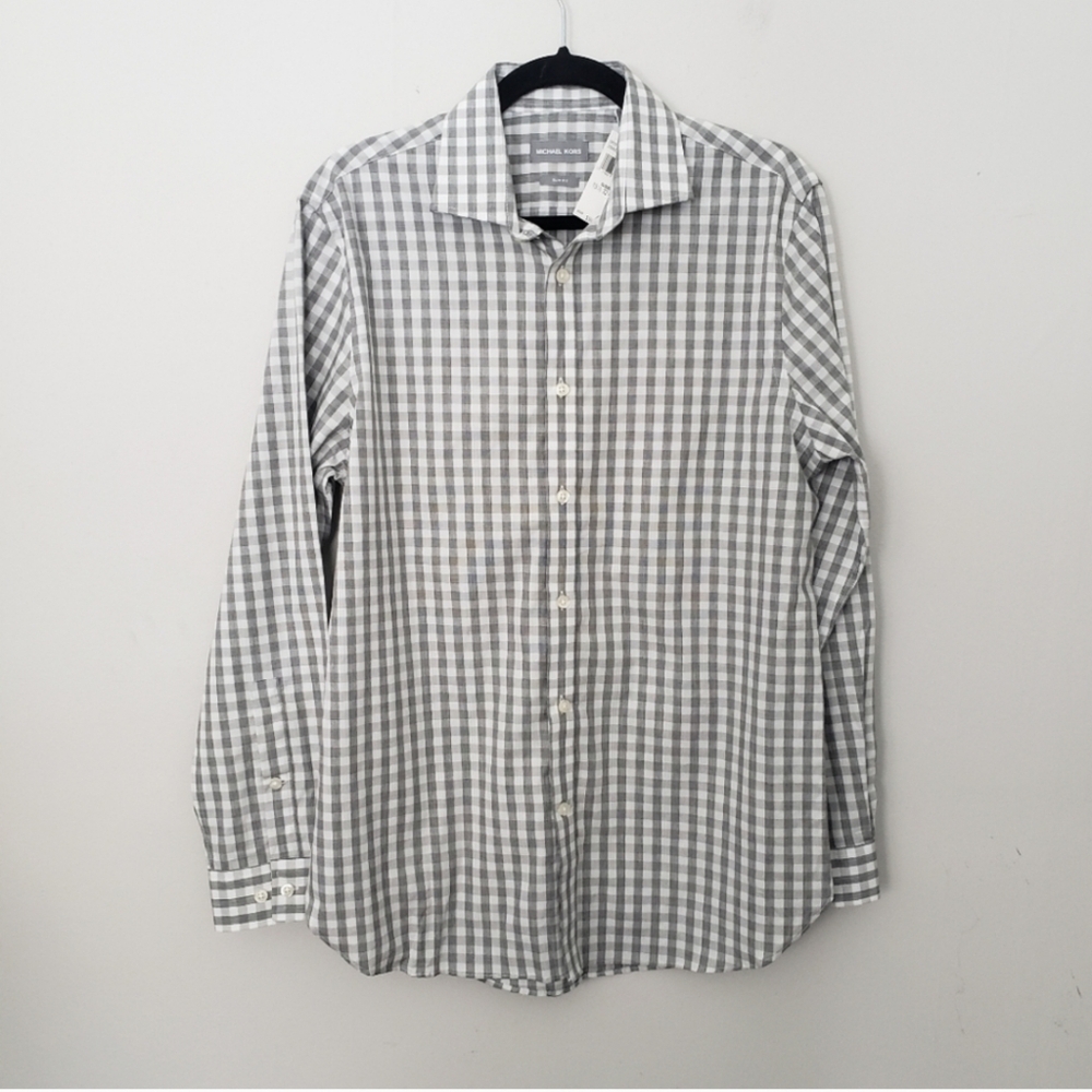 NWT Michael Kors grey white plaid button down dress shirt slim fit 100% cotton
